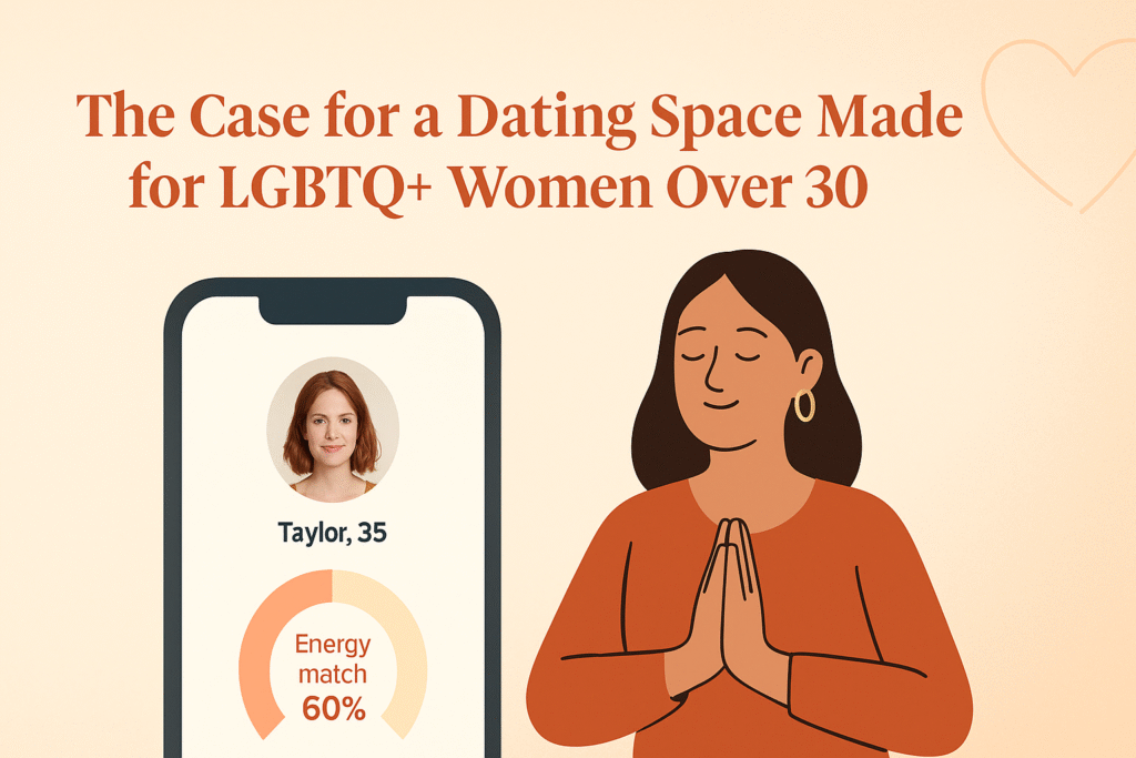 Illustration of a woman with hands in prayer pose, promoting a dating space for LGBTQ+ women over 30.