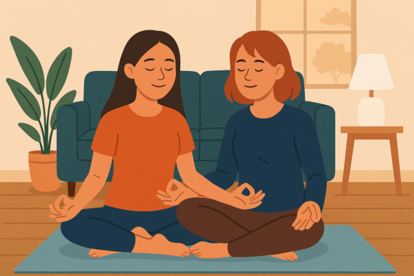 Queer couple meditating cross-legged in a living room, smiling and grounded in connection.