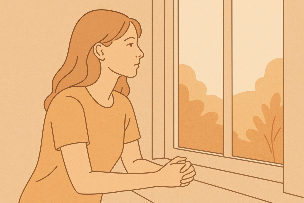 Minimalist digital illustration of a femme-presenting woman gazing out a window in quiet reflection, surrounded by warm earthy tones. The scene evokes a feeling of solitude, strength, and being unseen — representing emotional invisibility in dating spaces.