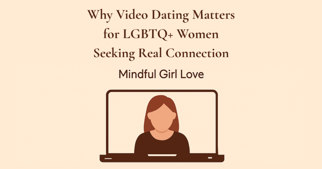 Illustration of two LGBTQ+ women on a video call, symbolizing mindful and intentional dating.