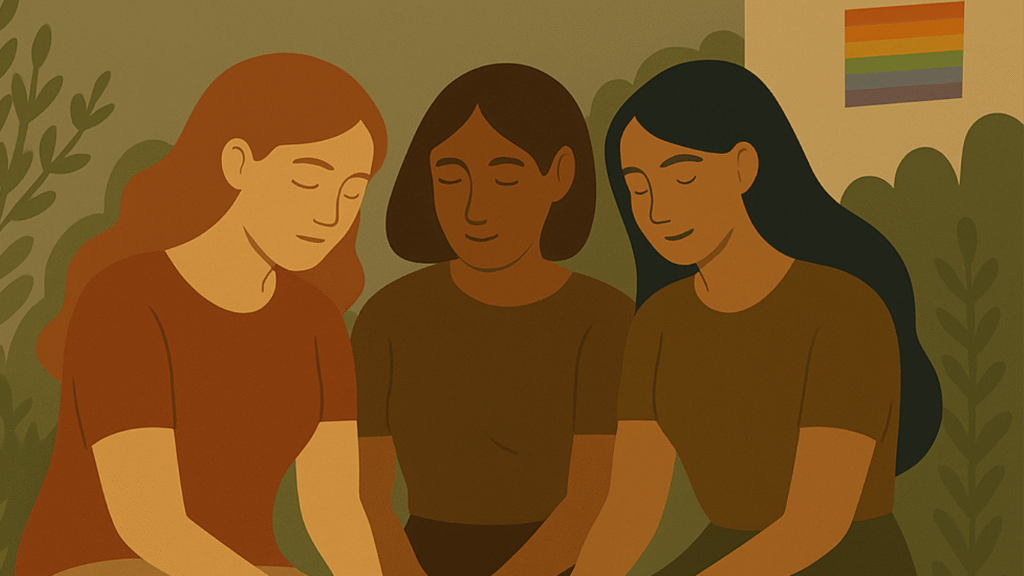 Three women sit quietly together on a bench surrounded by foliage, with a small Pride flag in the background, symbolizing peaceful LGBTQ+ community connection during Pride Month.